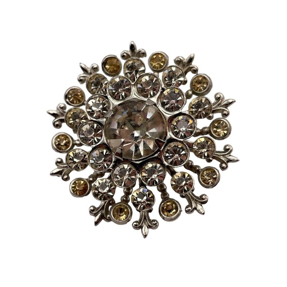 Vintage CORO Silver Tone Clear & Yellow Rhinestone Starburst Layered Brooch Pin
